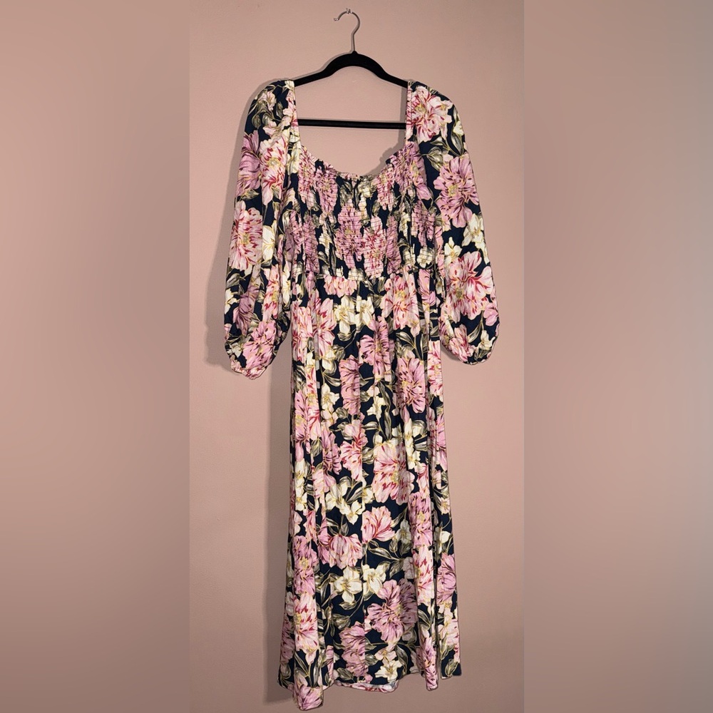 PETAL + PUP Smocked Long Sleeve Floral Maxi Dress in Navy and Pink Size XL - Picture 2 of 5